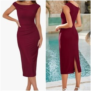 Newshows Sleeveless One Shoulder Mesh Stretchy Bodycon Ruched Slit Midi Dress